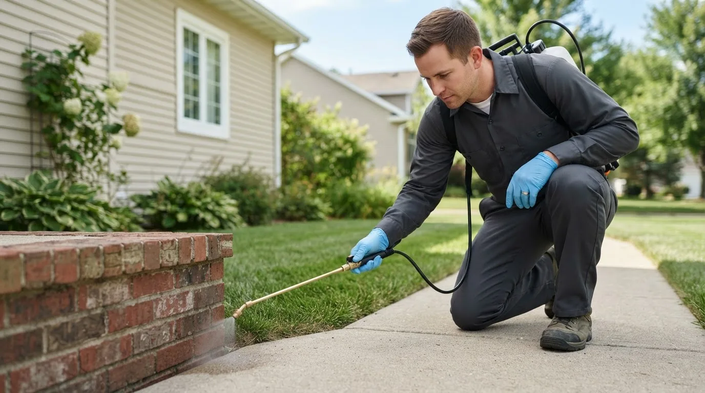 Pest control technician treating a home near Carlisle, IA