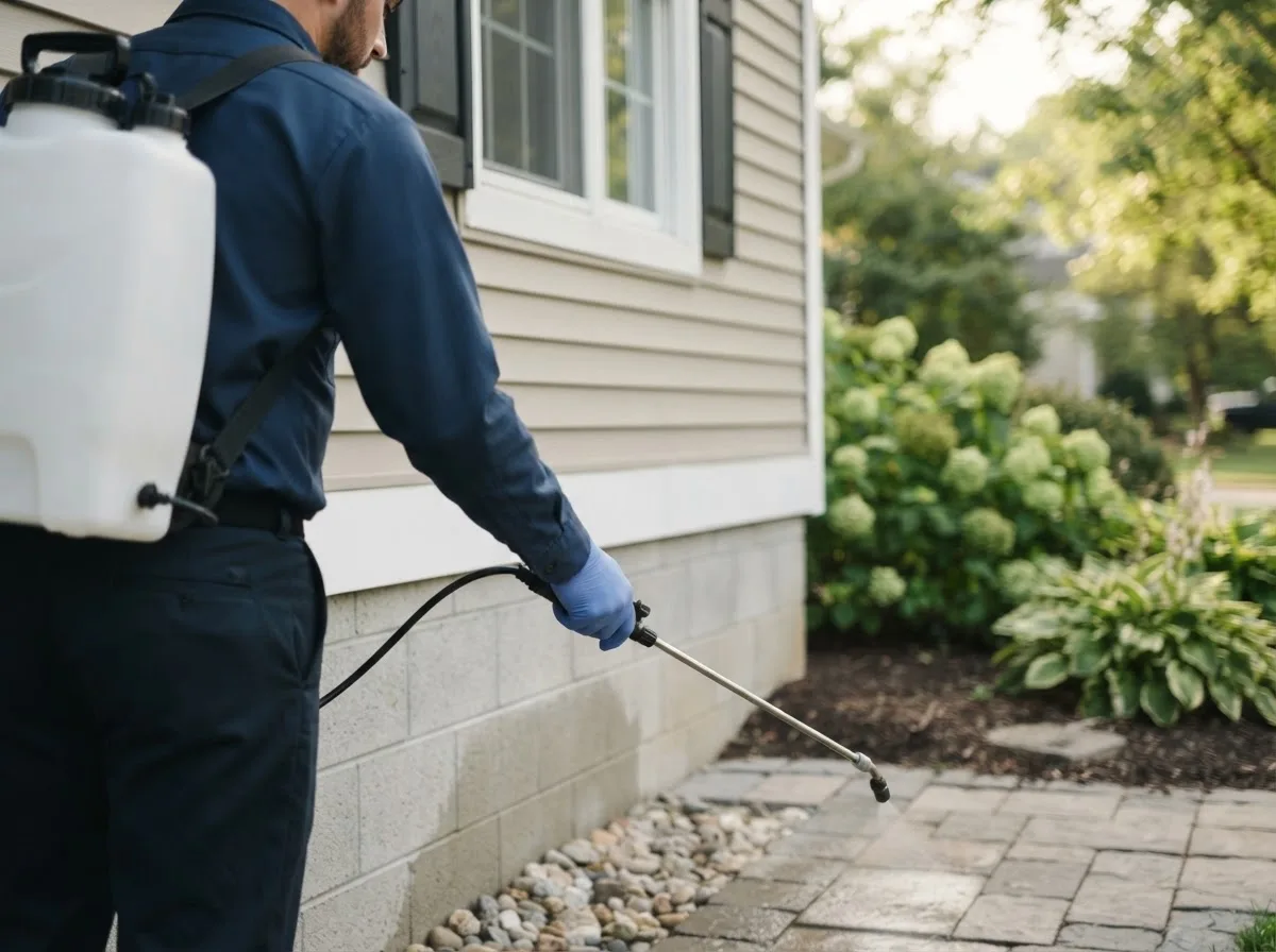 Pest control technician inspecting a home in Carlisle, IA